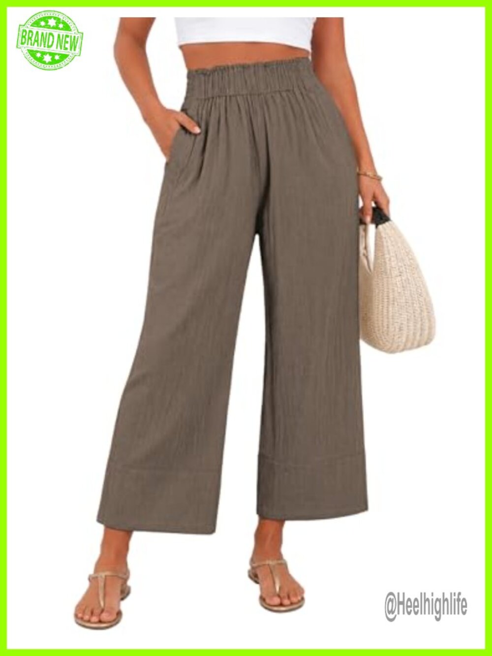 Womens Linen Cotton Wide Leg Cropped Palazzo Pants with Pockets